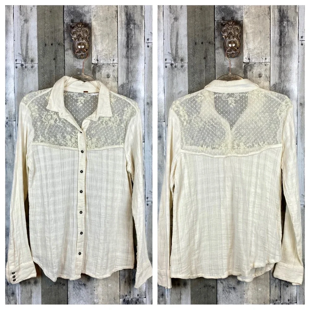 Free People Saddle Up Lace Yolk Button Up Shirt in Cream Size Medium.